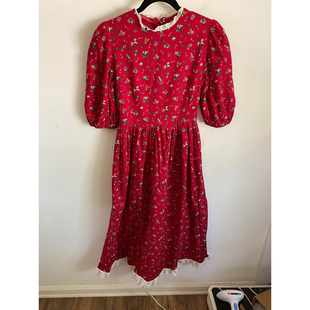 Vintage Kids Red Christmas Dress Eyelet Lace Trim 16in Chest